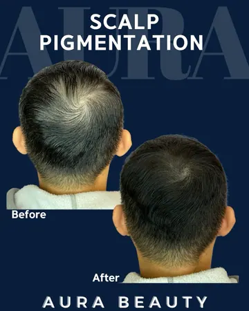 Aura Beauty Scalp Pigmentation: hairline density restoration on male crown, before and after.