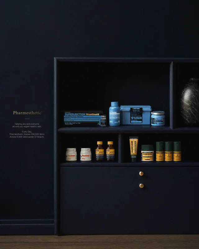 The Pharmesthetic product line arranged in a dark navy display cabinet
